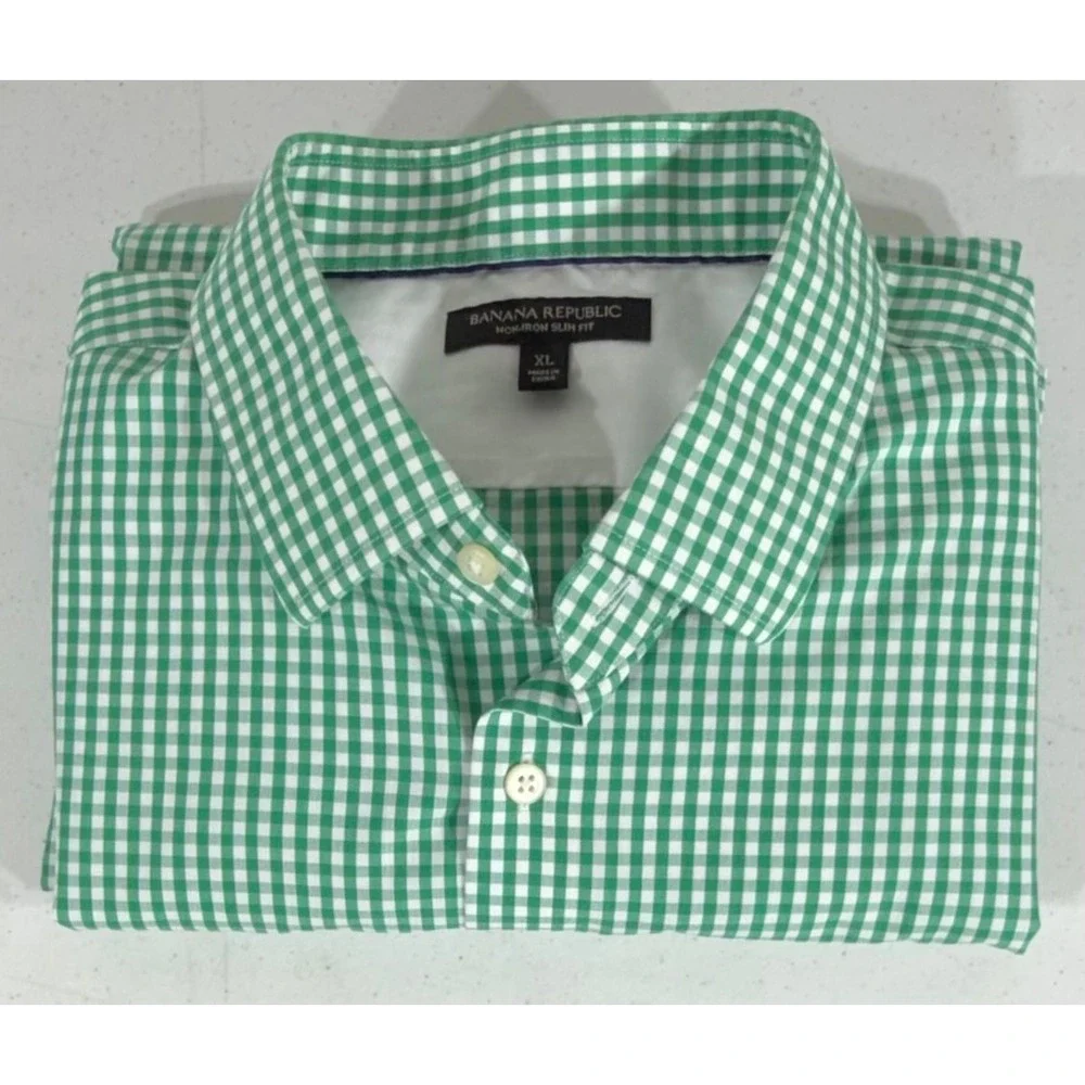 Banana‎ Republic Button Up Shirt Green Gingham Non-Iron Slim Fit Cotton READ
